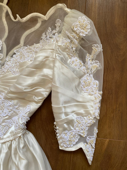 Ivory satin 80s lace & pearl wedding dress UK 12