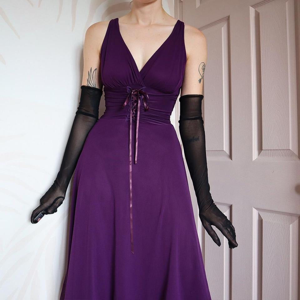 Purple stretch evening midi dress UK S