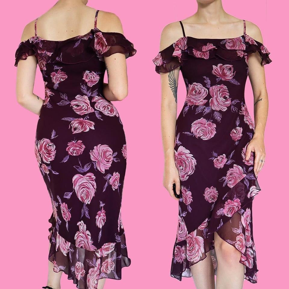 Purple Etam floral cold shoulder frilly summer dress UK 10