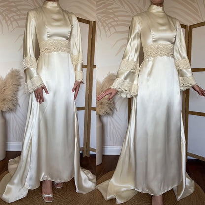 Ivory luxury satin long sleeve 70s wedding dress uk 12