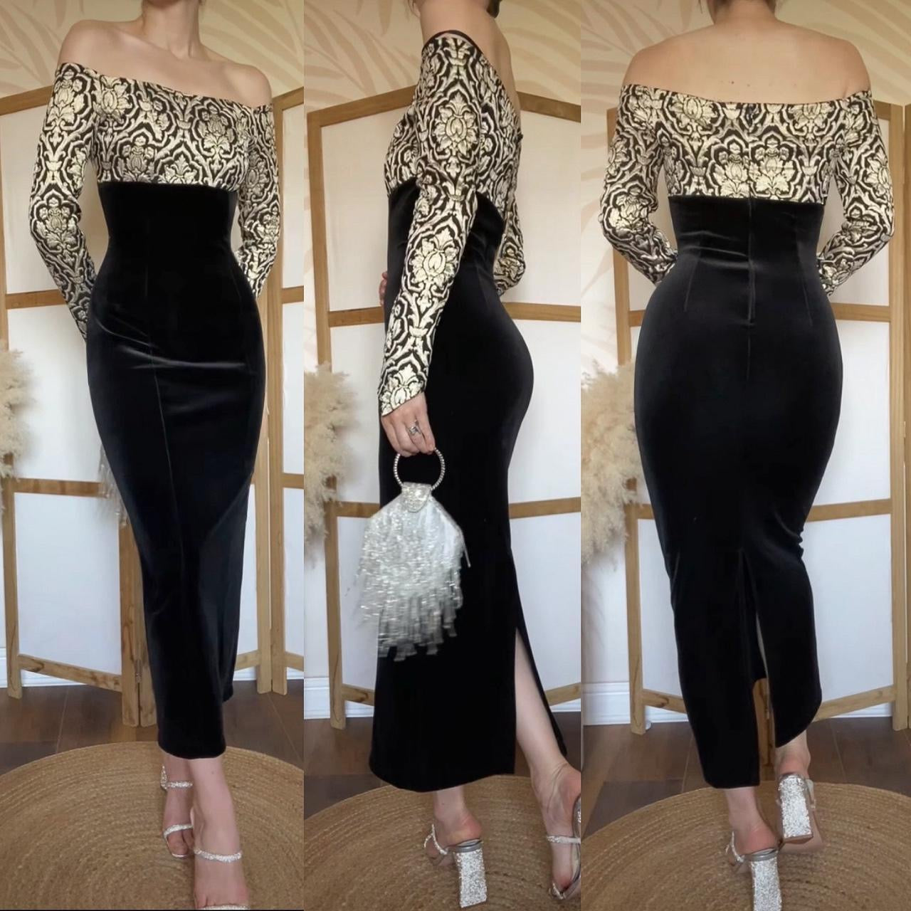 Black & gold Consortium off shoulder evening dress uk 10