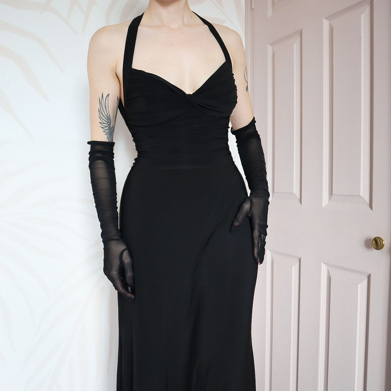 Black stretch open back evening gown UK 14