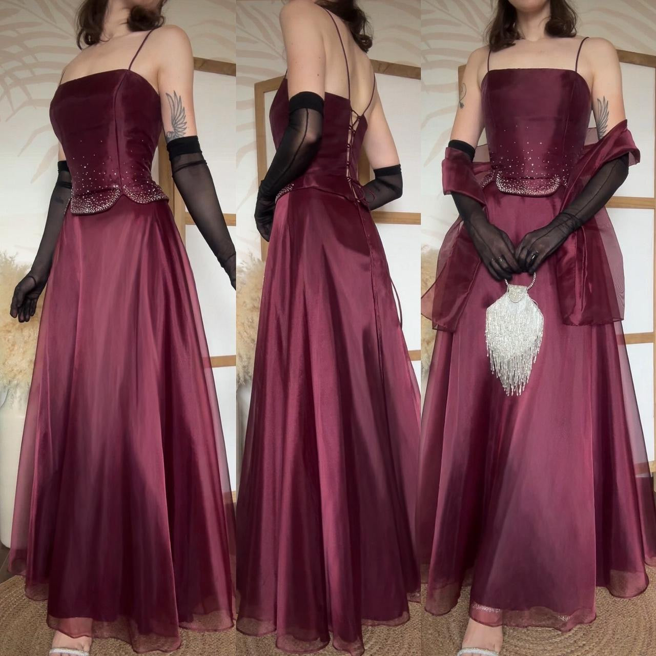 Burgundy organza 3-piece top, skirt & shawl prom set uk 10-12