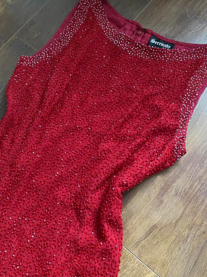 Serenade 100% silk red beaded vintage evening dress uk 10