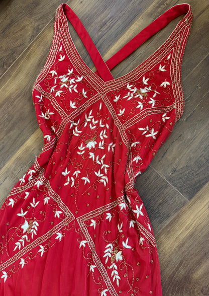Red y2k beaded stretch evening dress uk 16
