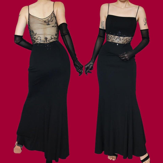 Black beaded sheer cut out evening dress UK 8-10