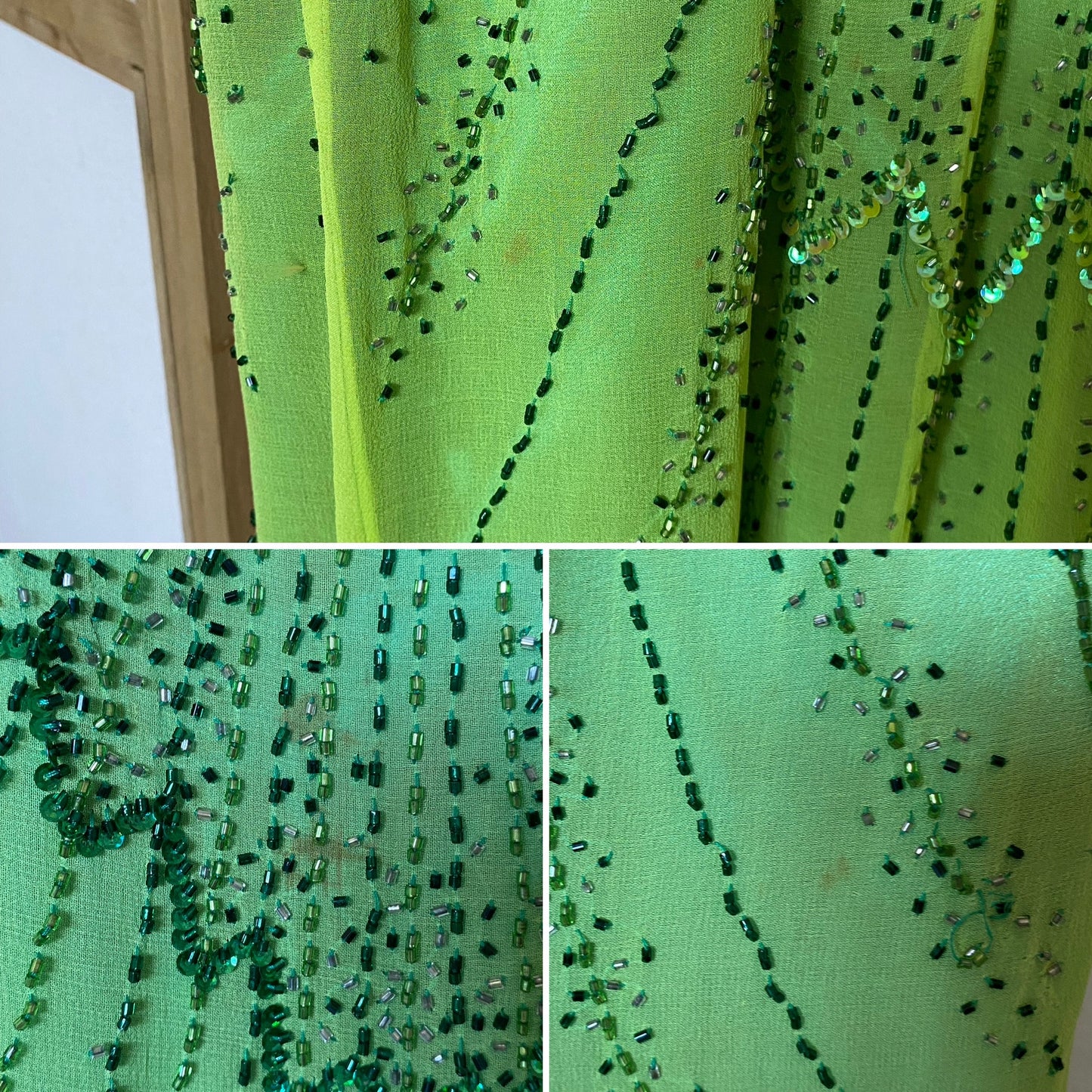 Green pure silk beaded prom dress uk 10