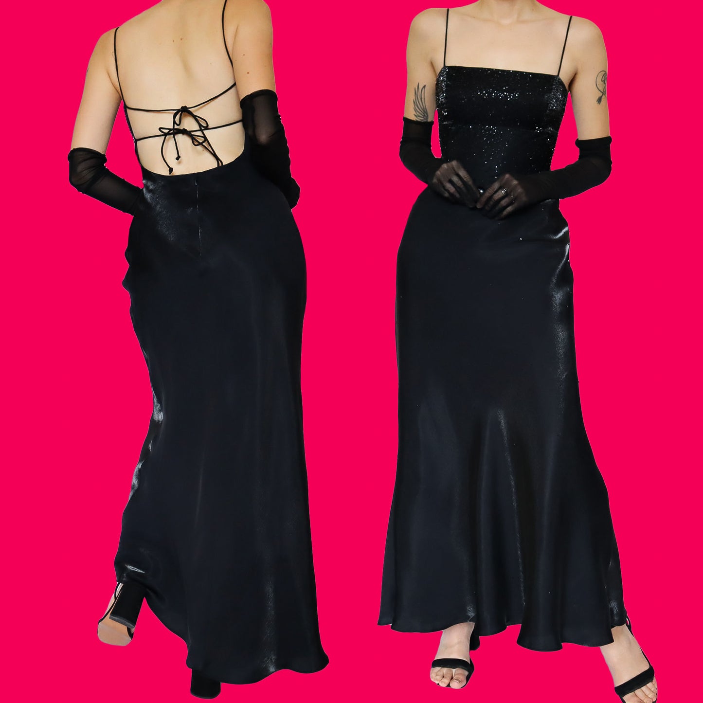 Silky black beaded evening dress UK 12