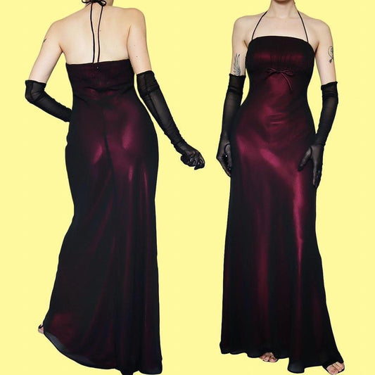 Vintage 90s Bhs dark overlay halter neck gown UK 16