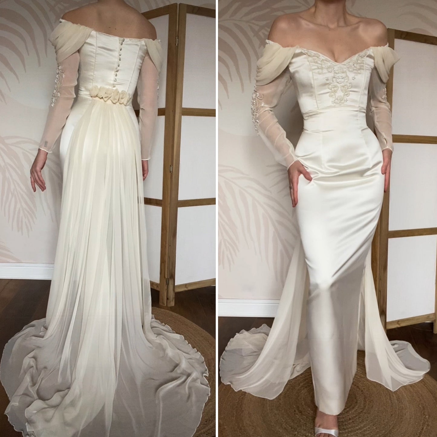 Cream off shoulder fitted wedding dress UK 12