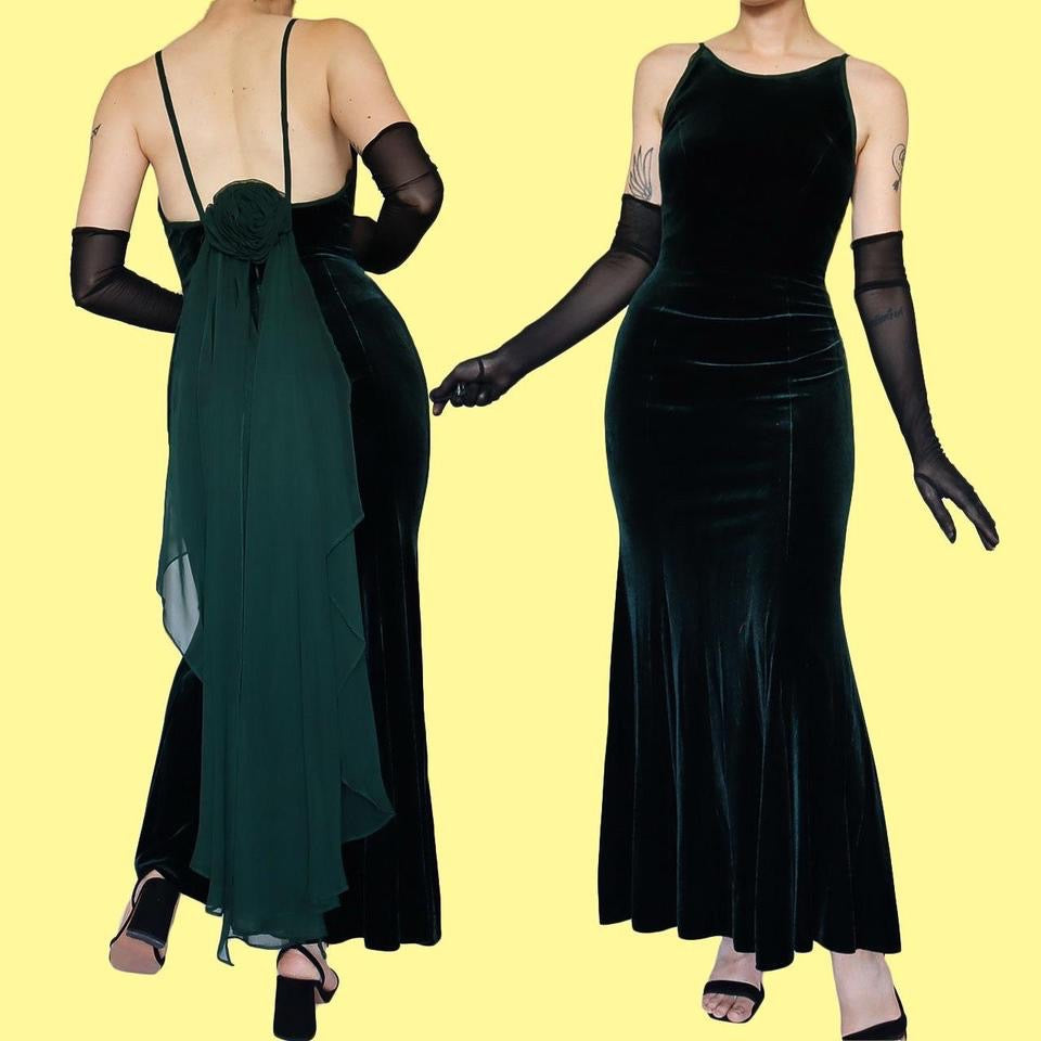 Dark Green Vintage Dave & Johnny Velvet Evening Gown UK 8