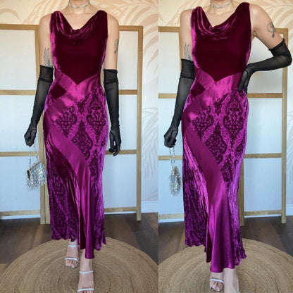 Silk blend dark pink velvet & satin slip dress UK 12-14