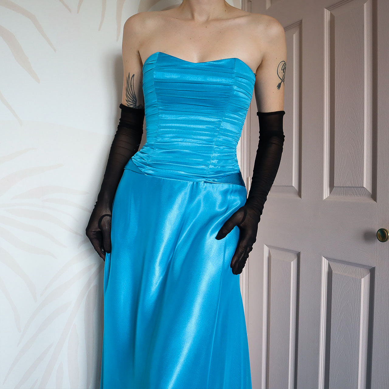 Blue Charas strapless lace up back evening gown UK 10/12