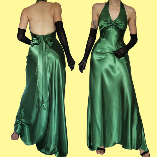 Green satin halter-neck evening dress UK 8