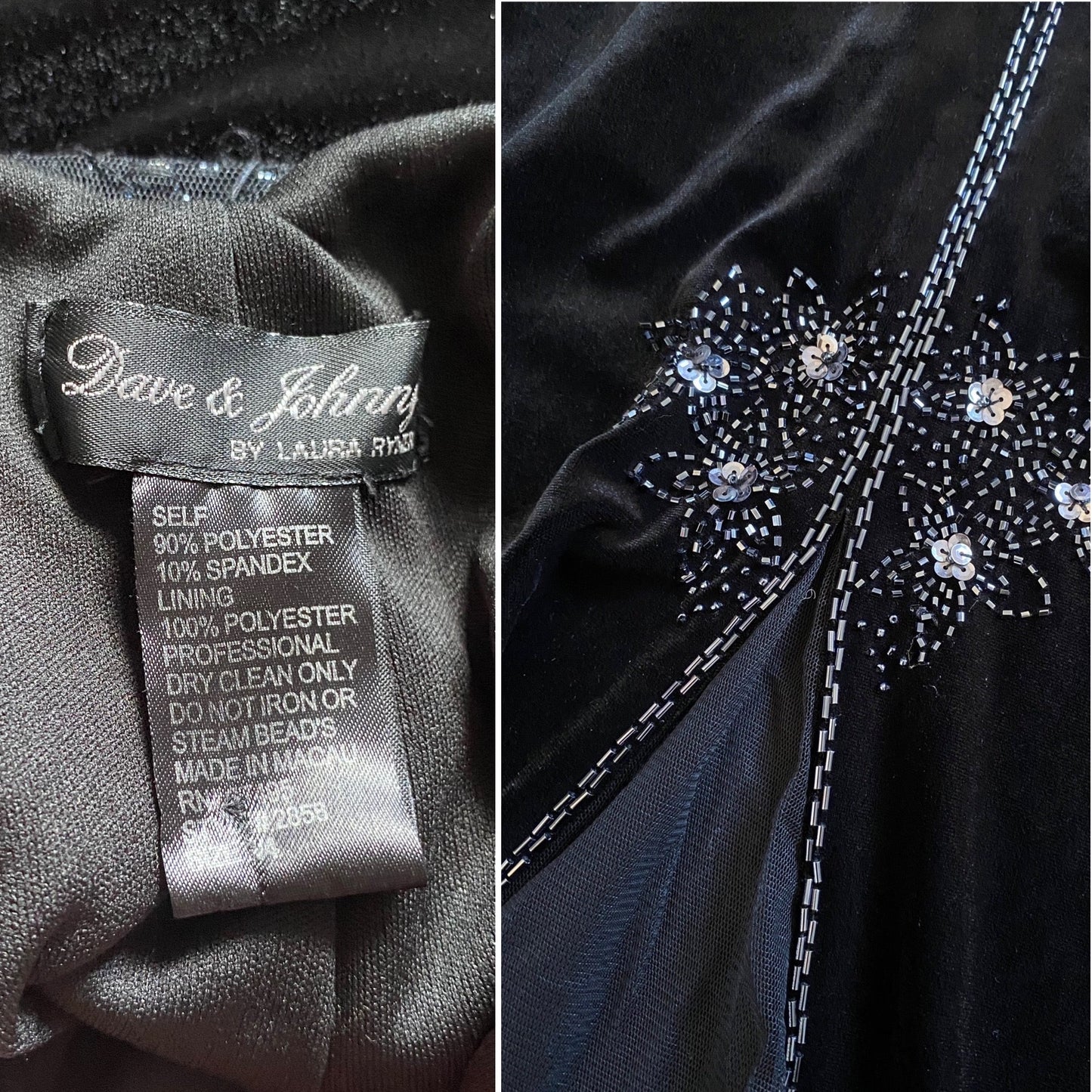 Black Dave & Johnny velvet beaded stretch evening dress UK 14