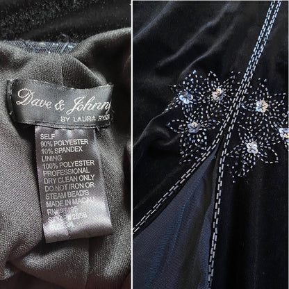 Black Dave & Johnny velvet beaded stretch evening dress UK 14