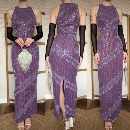 Purple 100% silk beaded evening dress uk 10-12