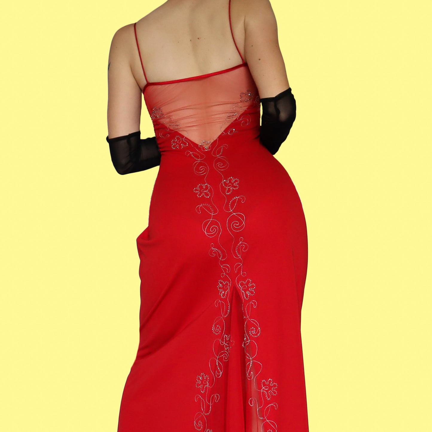 Red stretch embroidered evening dress UK 14-16