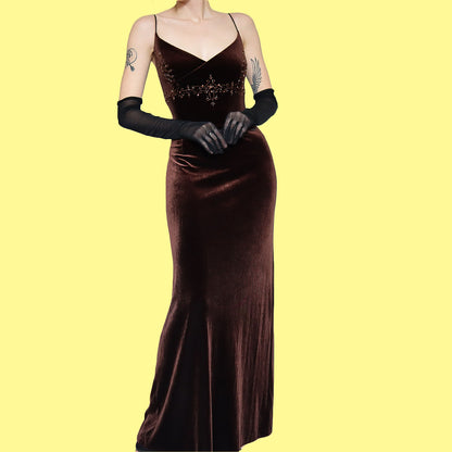 Brown velvet beaded Dave & Johnny evening gown UK 16