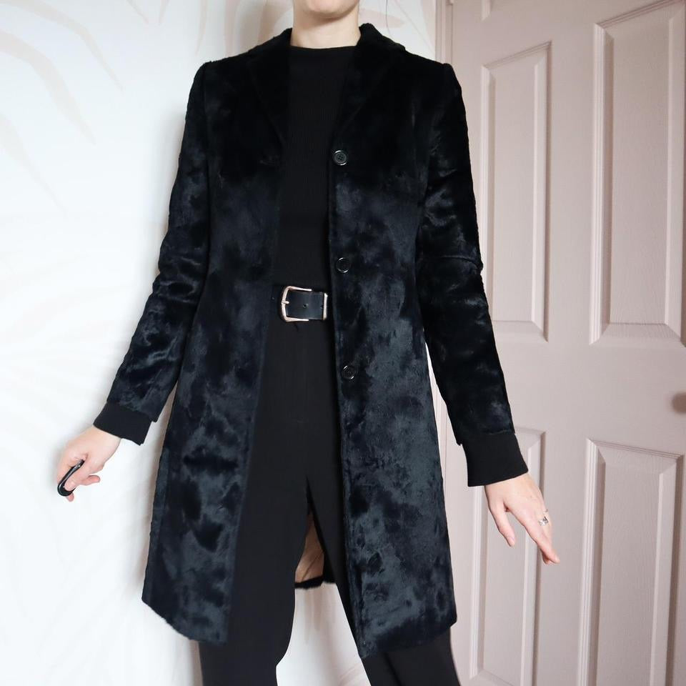 Soft black faux fur long blazer jacket UK 6/8