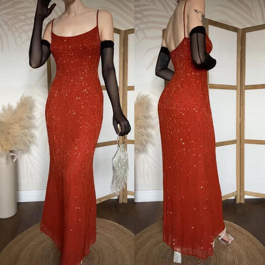 Burnt orange 100% silk beaded/sequin evening dress uk 12-14