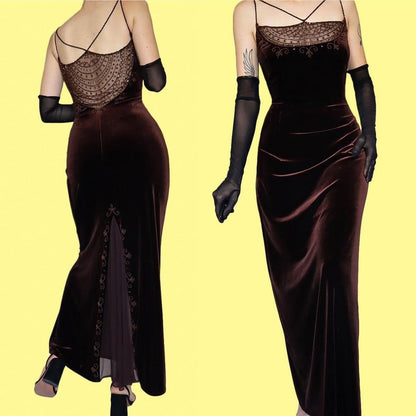 Vintage 90s Dave & Johnny Brown Velvet Beaded Evening Gown UK Size 16