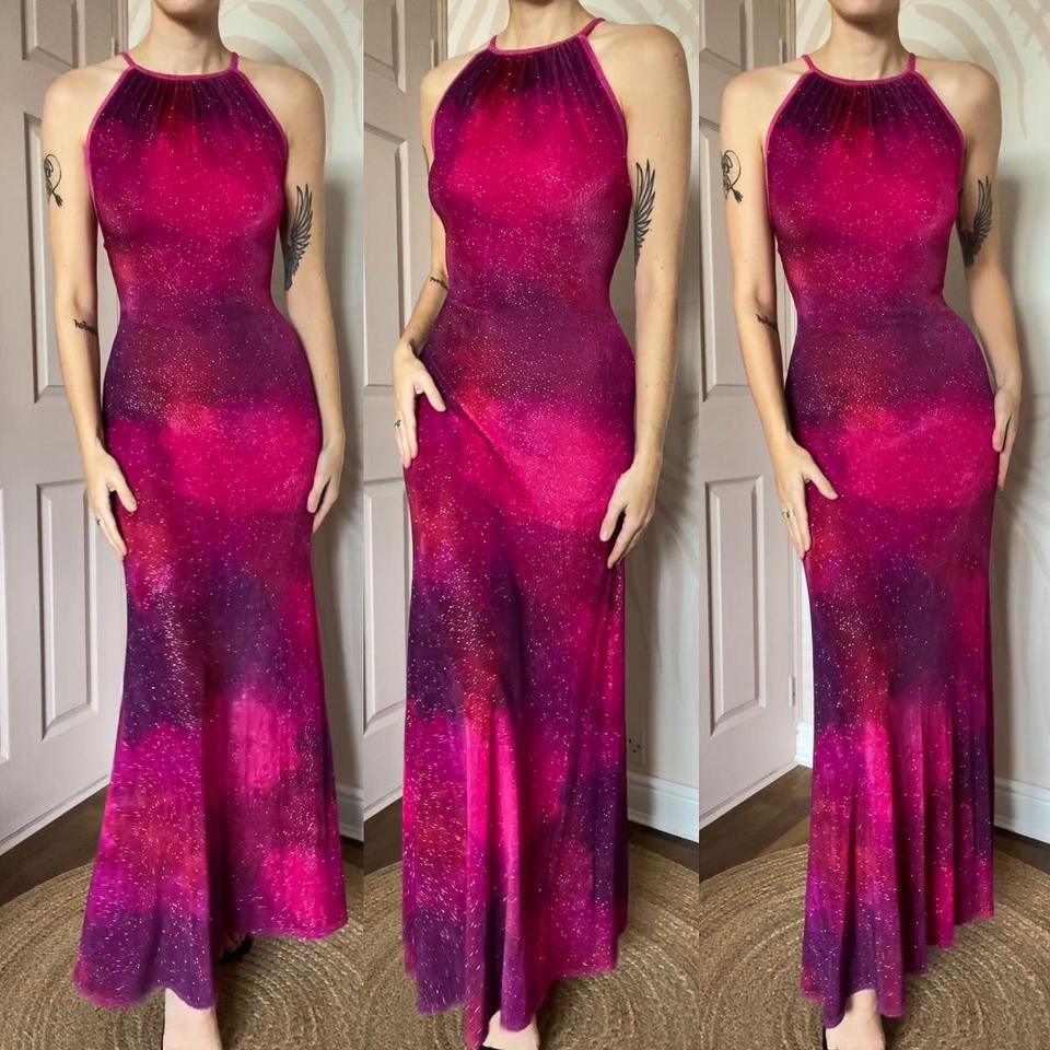 Bernshaw vintage pink & purple bodycon evening dress UK 10