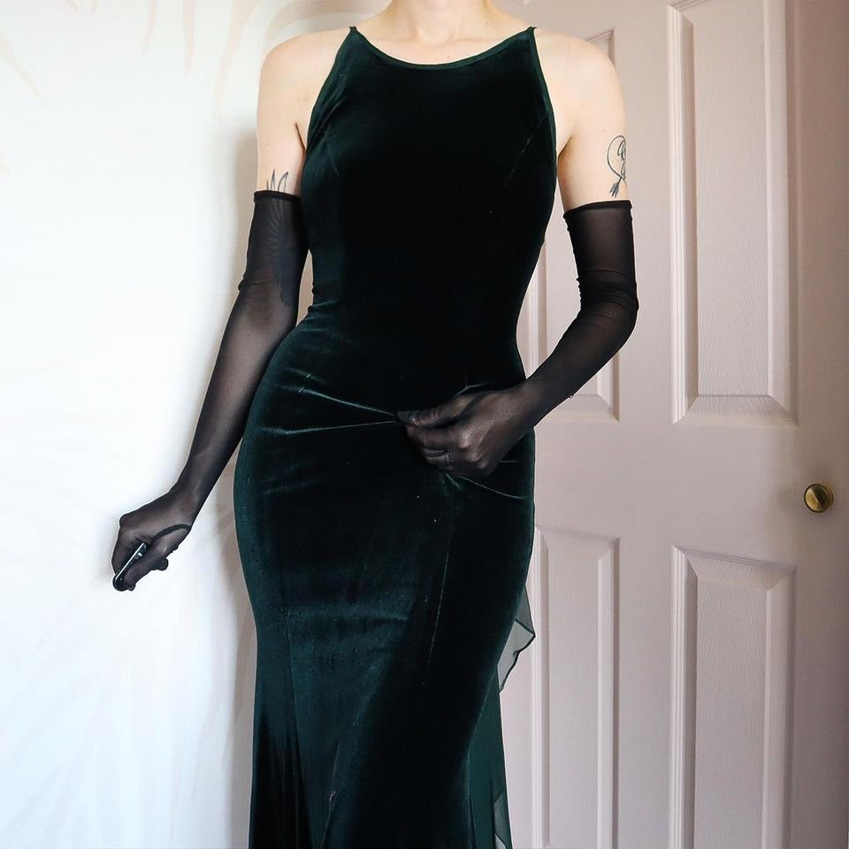 Dark Green Vintage Dave & Johnny Velvet Evening Gown UK 8