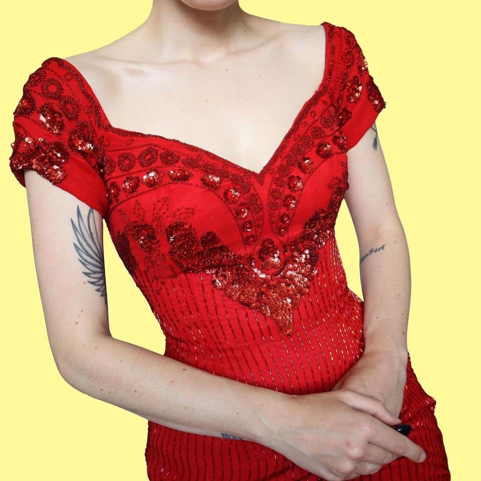 Frank Usher red beaded/sequin evening dress UK 10