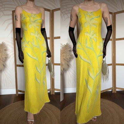 Bright yellow After Six beaded 100% silk evening dress uk 12-14