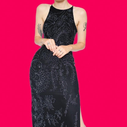 Black heavily beaded evening dress UK 12
