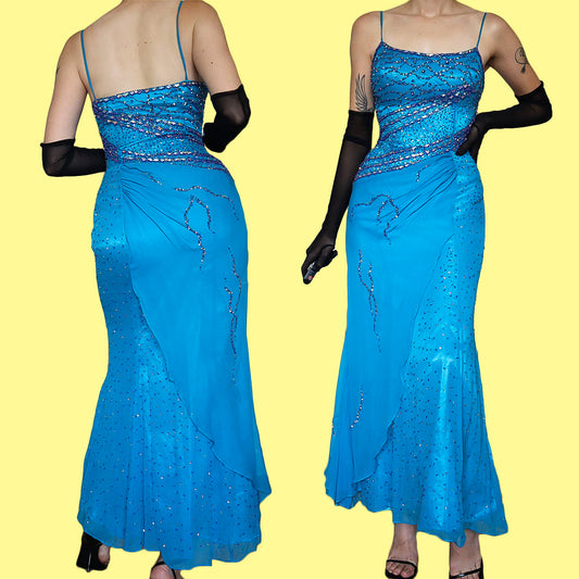 YVE London 100% silk blue beaded gown UK 12