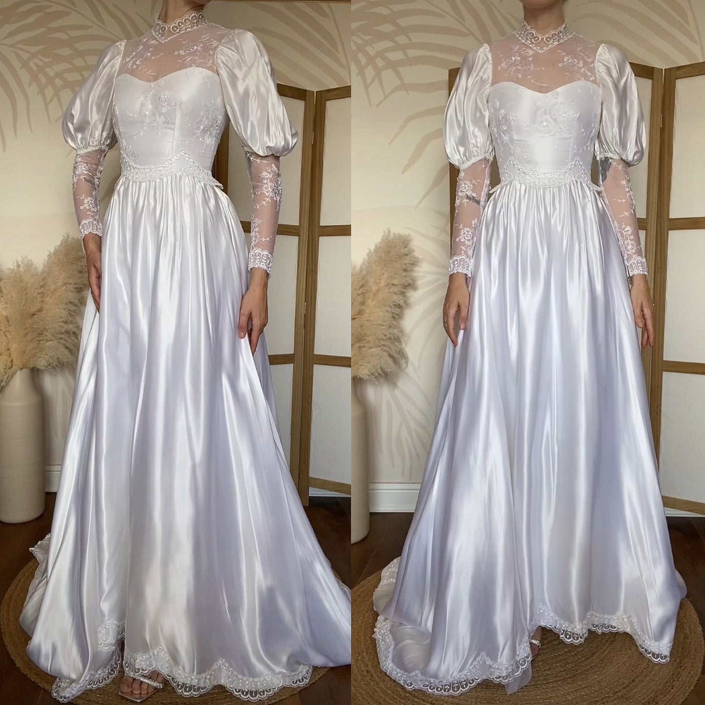 White satin & lace 80s wedding dress UK 6/XS