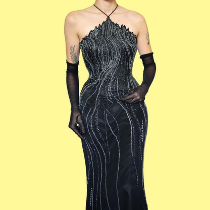 Black beaded 100% silk evening dress UK 16 & UK 8