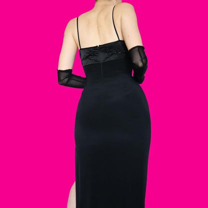 Black beaded fitted evening dress UK 12-14