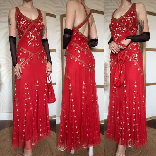 Red y2k beaded stretch evening dress uk 16