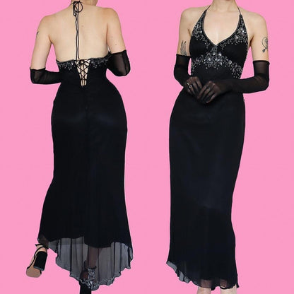 Black beaded halter neck evening dress UK 14
