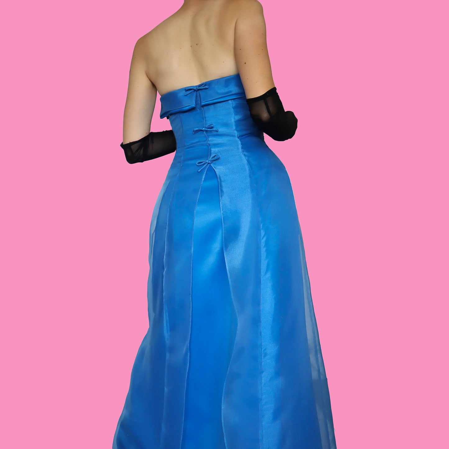 Blue strapless a-like organza evening dress UK 10