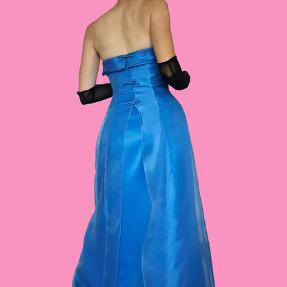 Blue strapless a-like organza evening dress UK 10