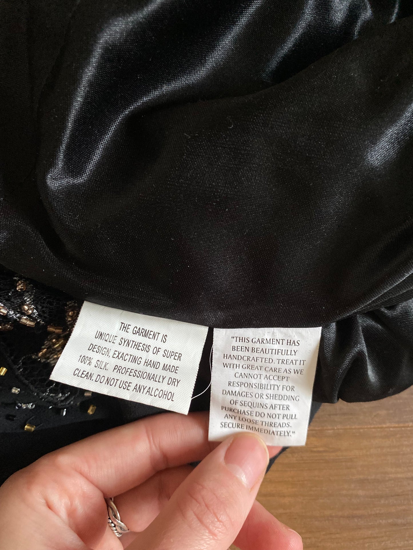 100% silk beaded lace black dress UK 10-12