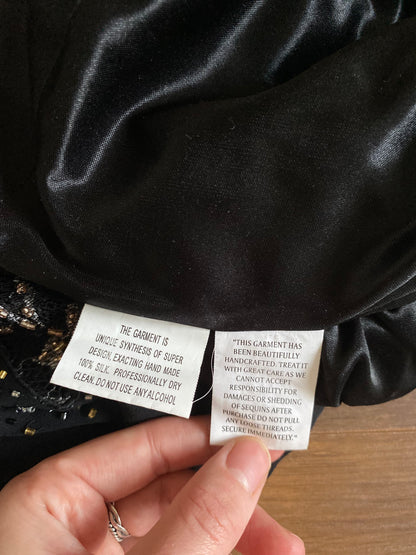 100% silk beaded lace black dress UK 10-12