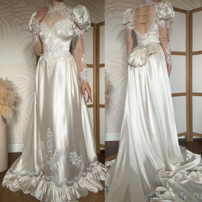 Vintage ivory satin 80s wedding dress uk 8