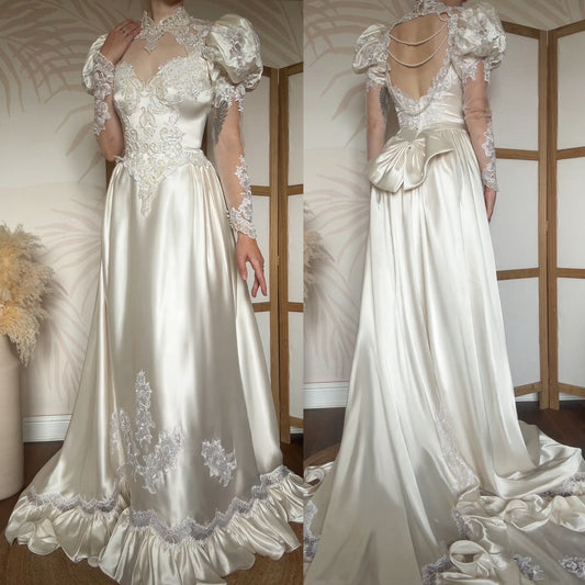 Vintage ivory satin 80s wedding dress uk 8
