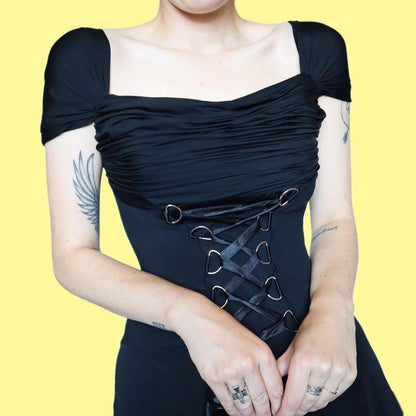 Black stretch gothic lace up evening dress UK 10