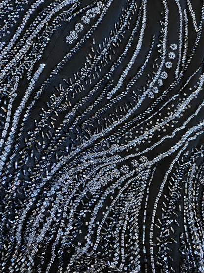 Black 100% silk heavily beaded evening dress UK 10