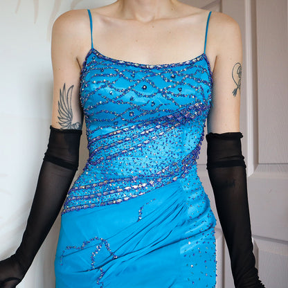 YVE London 100% silk blue beaded gown UK 12