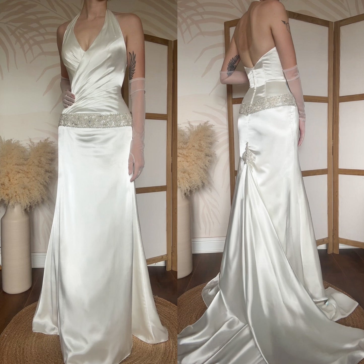 Ivory satin halter-neck wedding dress uk 10-12