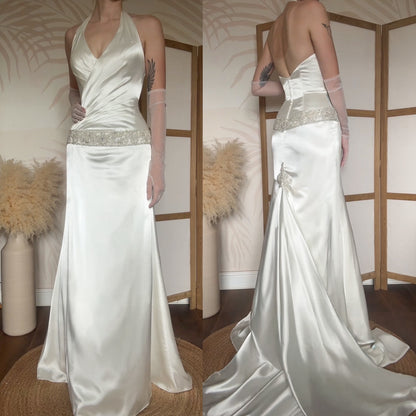 Ivory satin halter-neck wedding dress uk 10-12