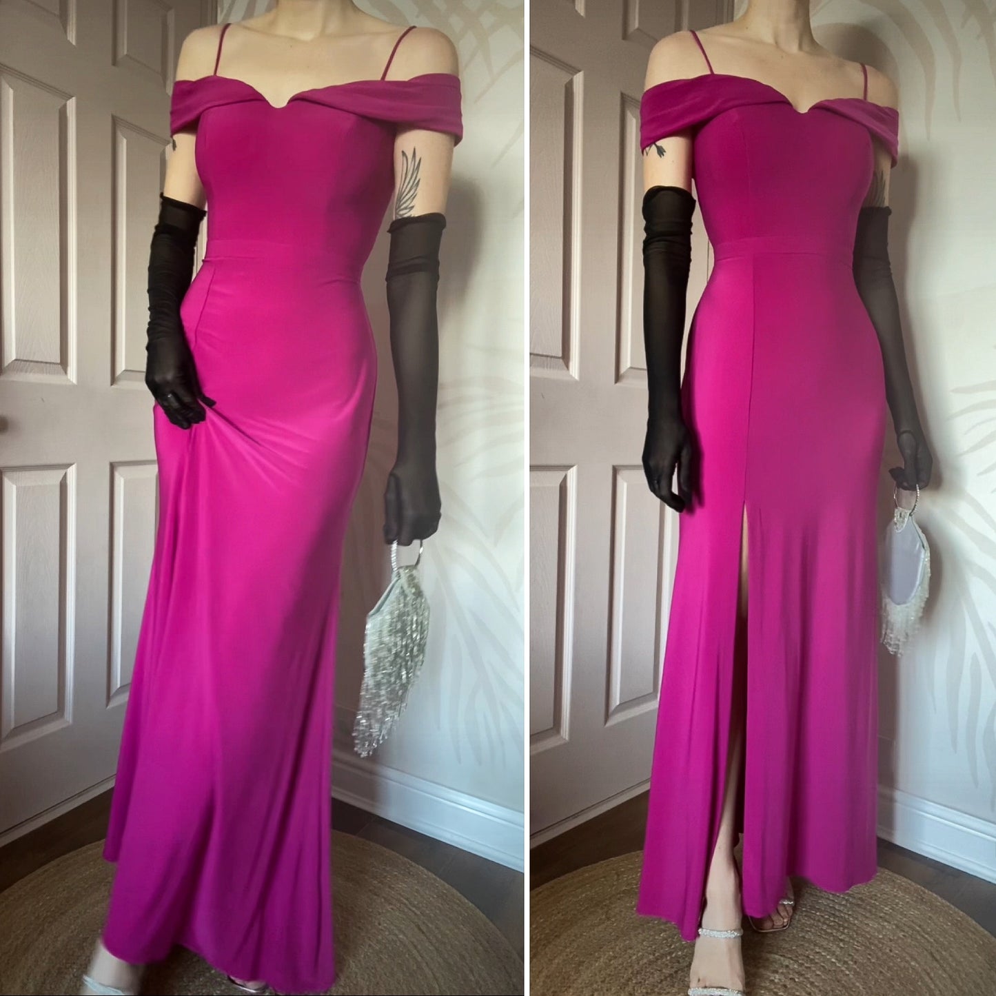 Beautiful fuchsia pink stretch cold shoulder evening dress UK 12