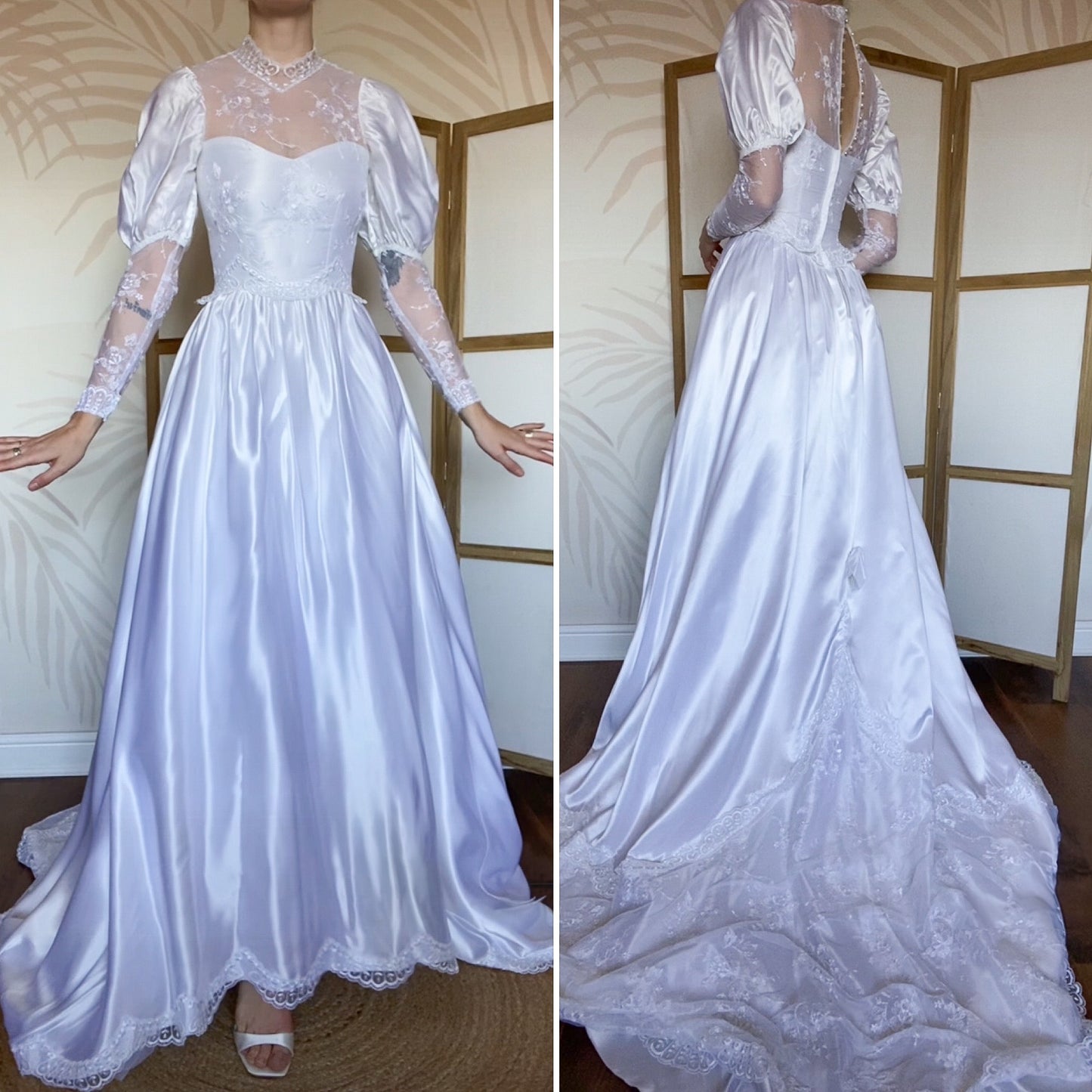 White satin & lace 80s wedding dress UK 6-8/XS